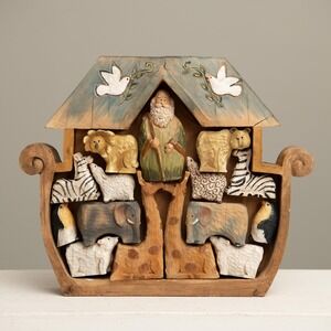 Noah's Ark Wooden Magnetic Puzzle Carved Rustic Folk Christian Art CottageCore
